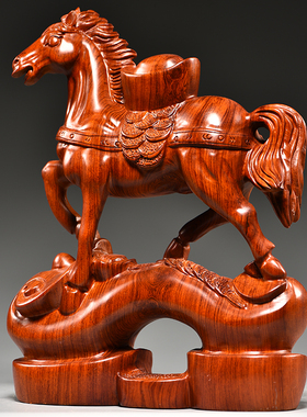 花梨木头马到成功摆件实木元宝如意马家居客厅装饰红木工艺品送礼