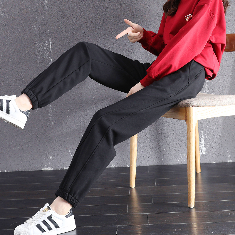 加绒宽松束脚秋冬季黑色显瘦卫裤 漫在路上休闲裤