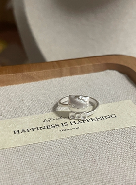 足银999纯银可爱kitty猫蝴蝶结戒指活口可调节送女友礼物