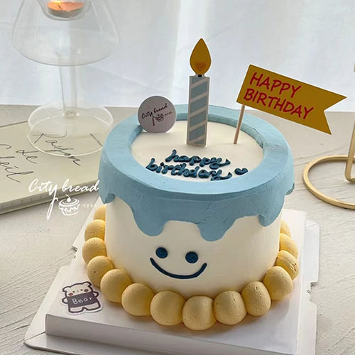 简约ins风笑脸蛋糕蓝色蜡烛五彩happy插牌摆件英文模具装饰烘焙台 - 图1