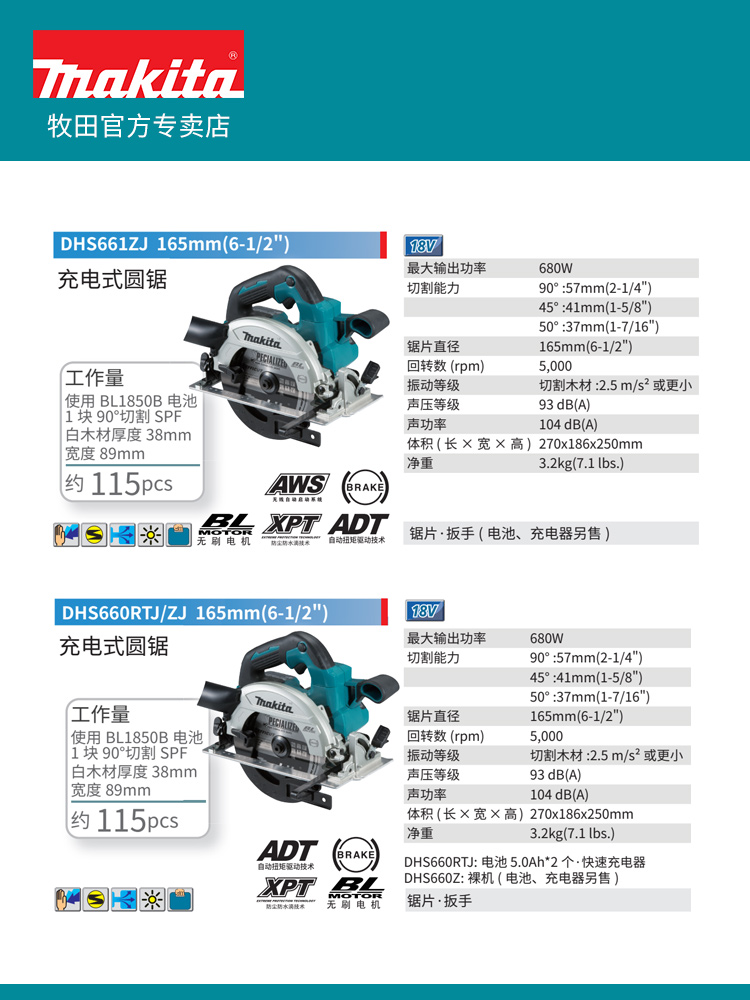 日本牧田锂电电圆锯DHS660/661木工手提电锯6寸切割机家用圆盘锯-图1