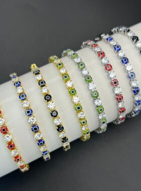 欧美新款嘻哈风恶魔之眼锆石滴油手链微镶满钻网球链亚马逊爆款