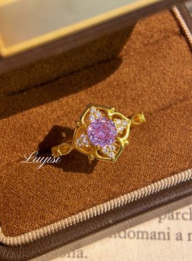 新款八角千禧玫瑰切玫红钻镂空花瓣戒指时尚轻奢彩宝开口女戒批发