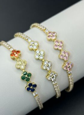 时尚锆石满钻四叶草花朵网球链手链跨境新品轻奢跨境热销