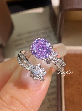 直播爆款超闪八角千禧玫瑰切海蓝宝气质戒指女伊巴绿豪镶高碳钻戒