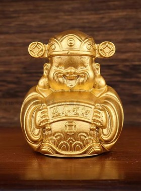 纯黄铜财神爷摆件家用财神爷铜像办公室Q版小号财神比干供奉神像
