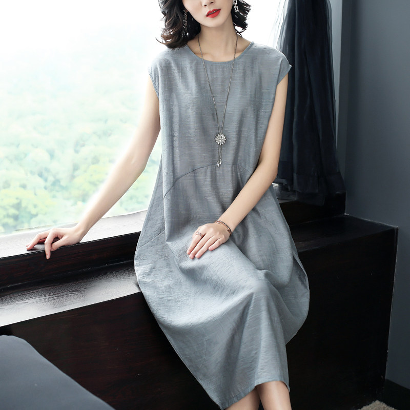 2026夏新款女装裙子女纯色提花文艺长裙简约天丝麻休闲宽松连衣裙