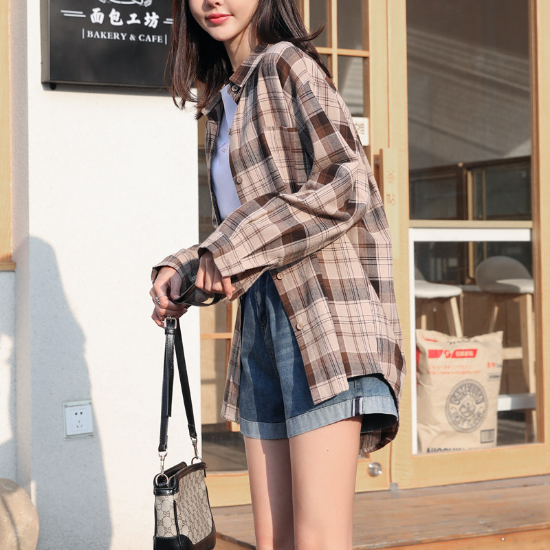 2020春秋格子韩版长袖设计感bf衬衫 耶芙茹衬衫