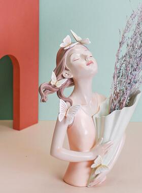 创意北欧时尚蝴蝶女孩捧花树脂花盆花瓶干花轻奢软装装饰摆件
