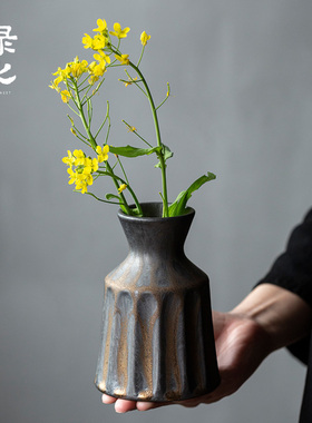 碌心 中式禅意陶瓷花瓶 复古家用粗陶干花插花器茶室桌面花瓶摆件