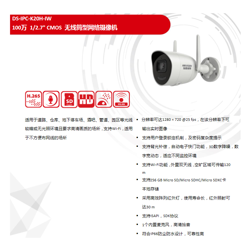 海康威视DS-IPC-K20H-IW  红外100万筒机拾音款网络摄像机 - 图0