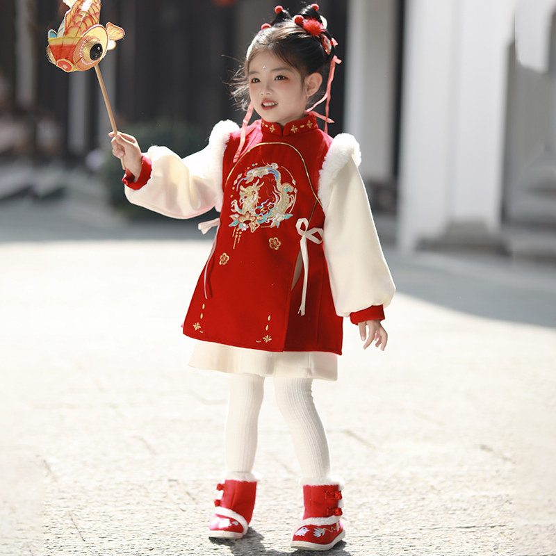 元旦儿童喜庆演出服加绒套装拜年服女童中国风幼儿园舞蹈表演服装,淘宝优惠券,粉丝福利购,淘宝优惠卷