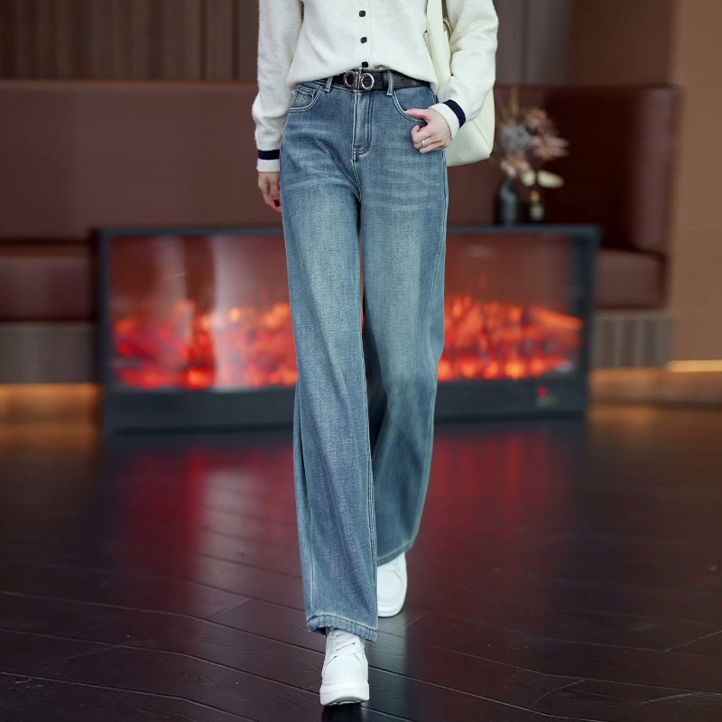 浅蓝色阔腿牛仔裤女秋冬加绒加厚2025新款高腰宽松垂感直筒裤子冬,淘宝优惠券,粉丝福利购,淘宝优惠卷