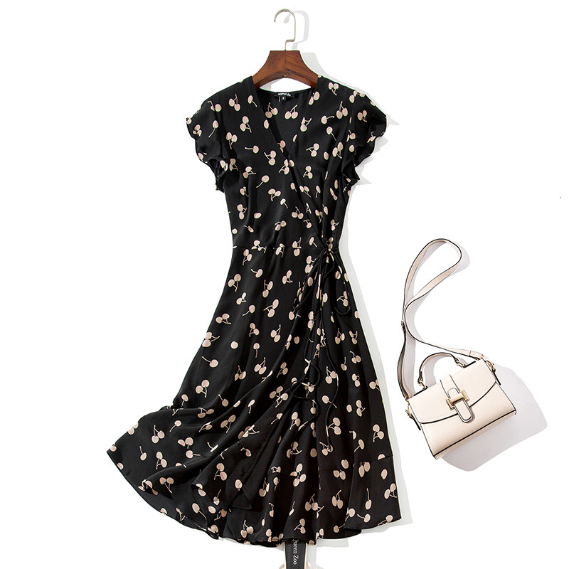 法式一片式女夏小樱桃印花裹身裙 liwoman连衣裙