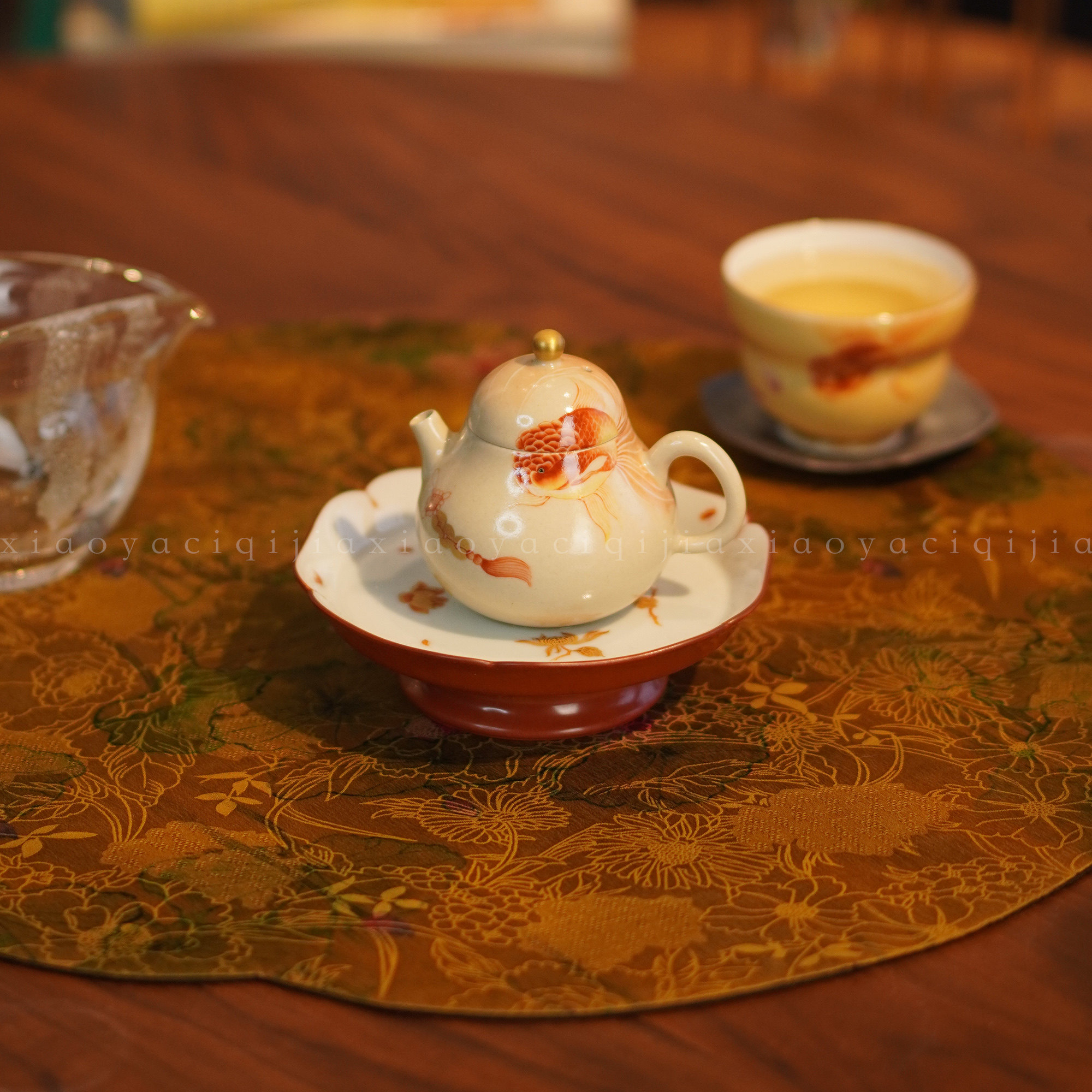 慢蓝茶席真丝香云纱海棠圆形垫子新中式禅意双面轻奢布艺桌旗41cm,淘宝优惠券,粉丝福利购,淘宝优惠卷