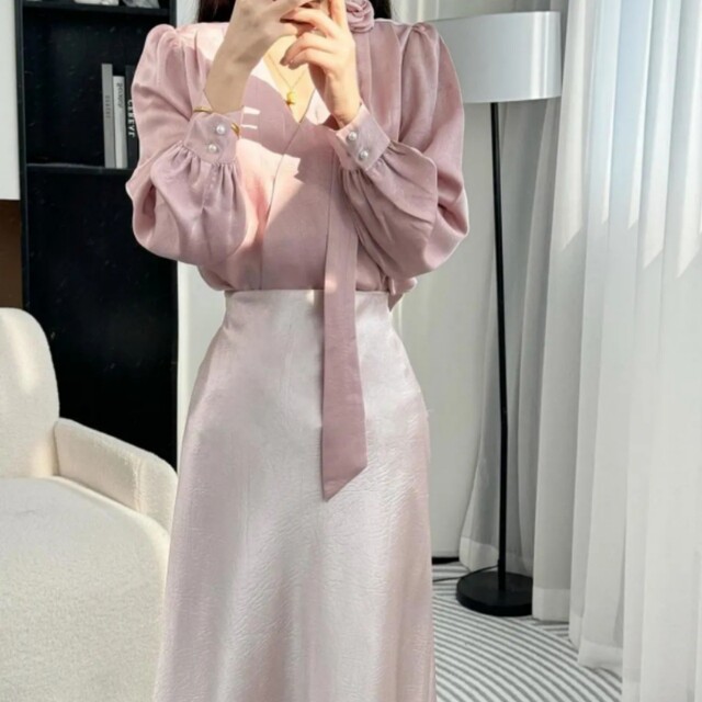 Long-sleeved shirt top high waist slimming skirt suit