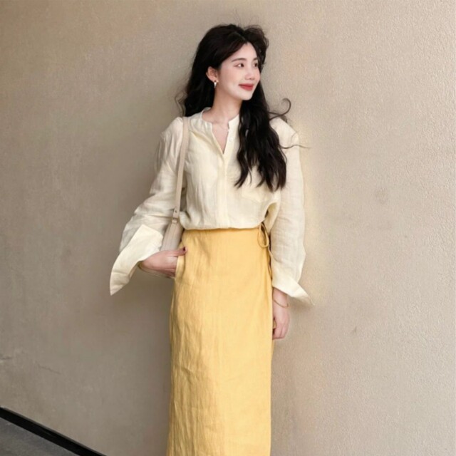 French high-end long-sleeved shirt and yellow tie skirt