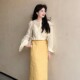 French high-end long-sleeved shirt and yellow tie skirt
