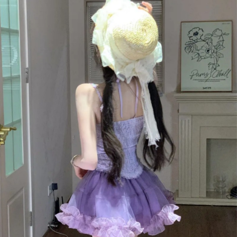 韩系甜辣妹套装女夏季设计感重工花朵吊带上衣高腰显瘦网纱半身裙,淘宝优惠券,粉丝福利购,淘宝优惠卷