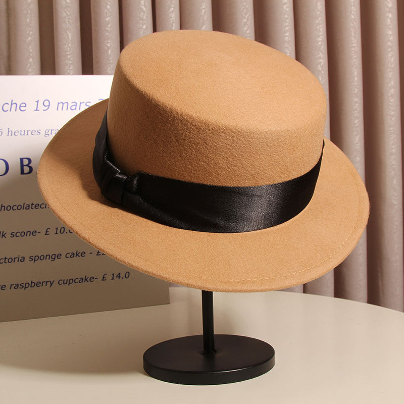 秋冬黑色平沿英伦复古法式羊毛毡帽 古仙蔓帽子