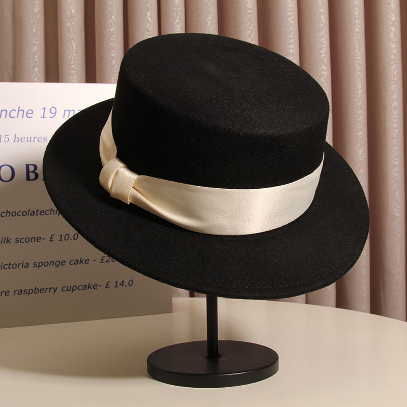 秋冬黑色平沿英伦复古法式羊毛毡帽 古仙蔓帽子
