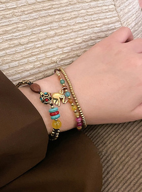 优选新中式复古藏式手链女情侣几何小众石手工编织手绳民族风手饰