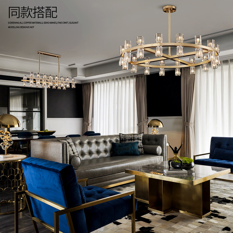 全铜水晶吊灯轻奢餐厅灯后现代饭厅灯长方形港式简约设计师铜灯_虎窝淘