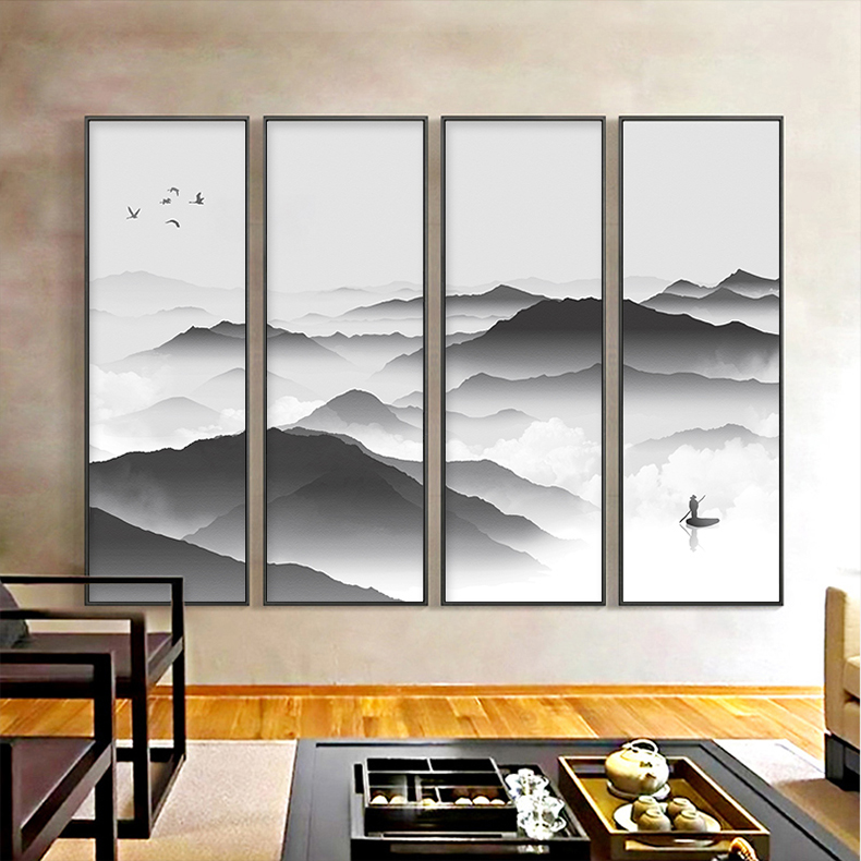 新中式装饰画客厅中国风组合壁画沙发背景墙书房水墨山水四联挂画 新中式装饰画客厅中国风组合壁画沙发背景墙书房水墨山水四联挂画