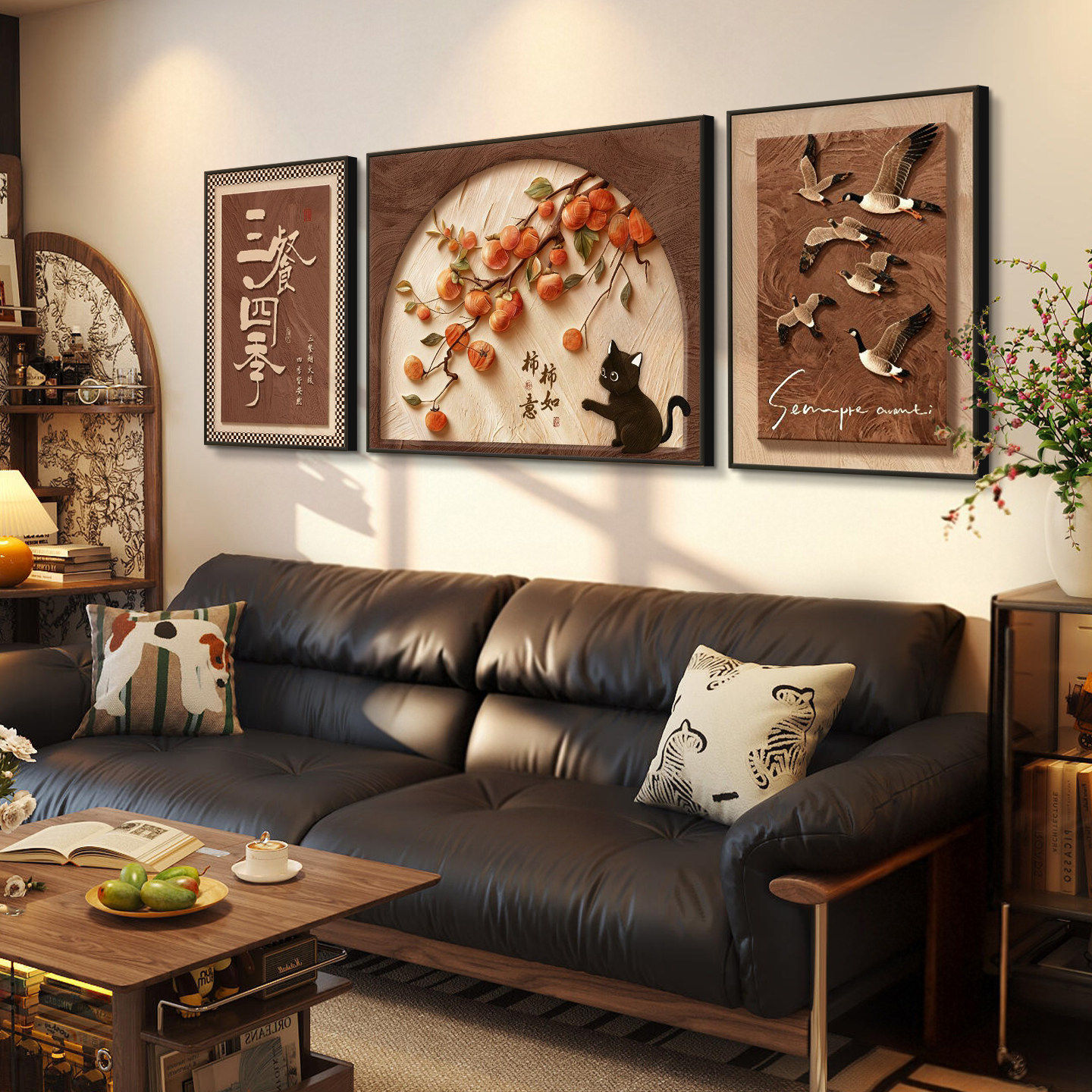 中古风猫咪客厅挂画高级感法式复古花卉沙发背景墙装饰画玫瑰壁画,淘宝优惠券,粉丝福利购,淘宝优惠卷