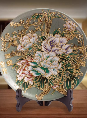 威弗列德玉堂富贵纹片盘新中式漆线雕摆件金箔饰品新婚生日礼品