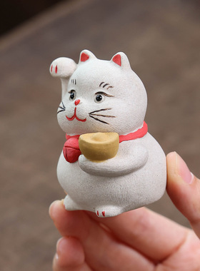 紫砂茶宠招财猫摆件创意手工铃铛猫咪茶玩茶具配件家居装饰工艺品