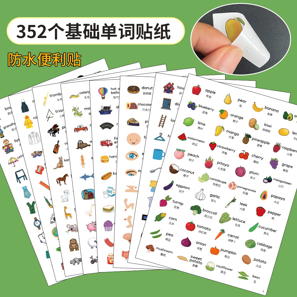 儿童英文单词分类贴纸便利贴 幼儿英语启蒙日常生活单词学习标签