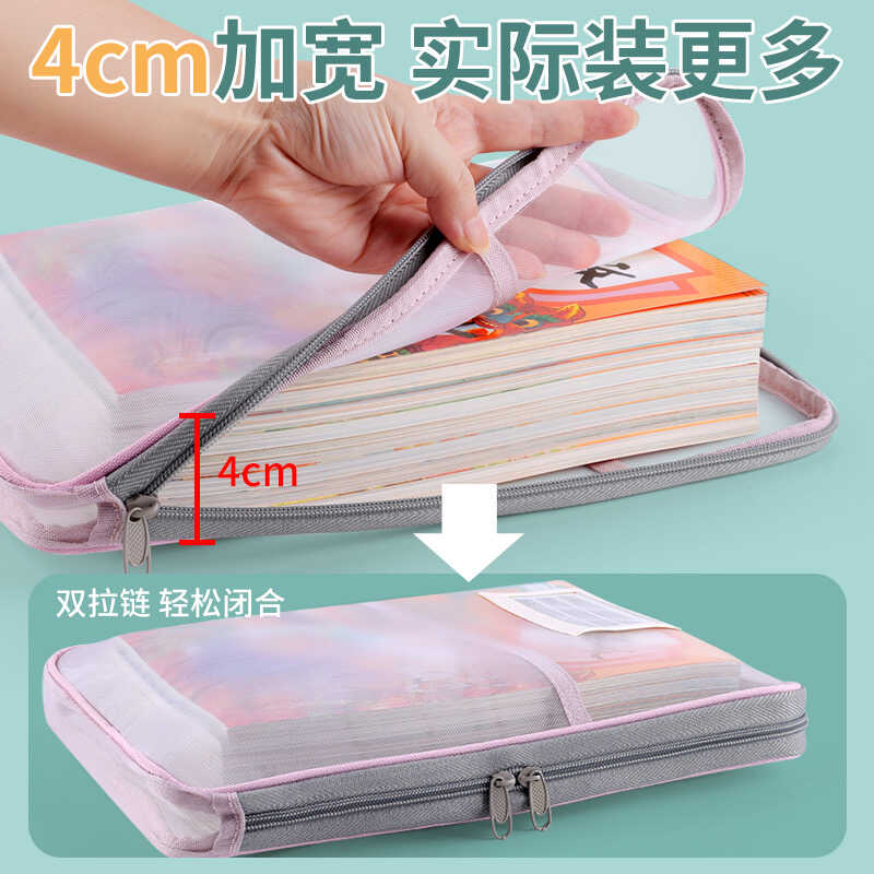l型加厚学生科目分类三层网纱文件袋透明试卷大容量书本收纳袋 - 图2