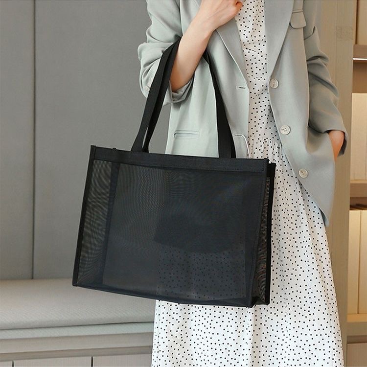 大容量网纱包收纳包购物袋健身手提袋外出时尚便携单肩双带透明袋 - 图2