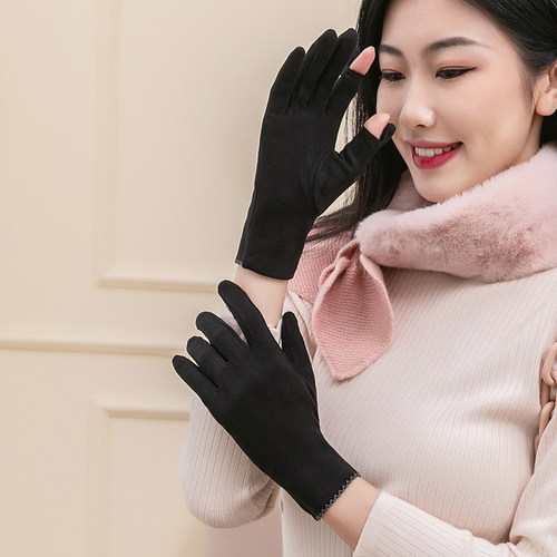 德绒手套女秋季新款骑车露指保暖防寒开车冬天骑行电动车漏二指头 - 图1