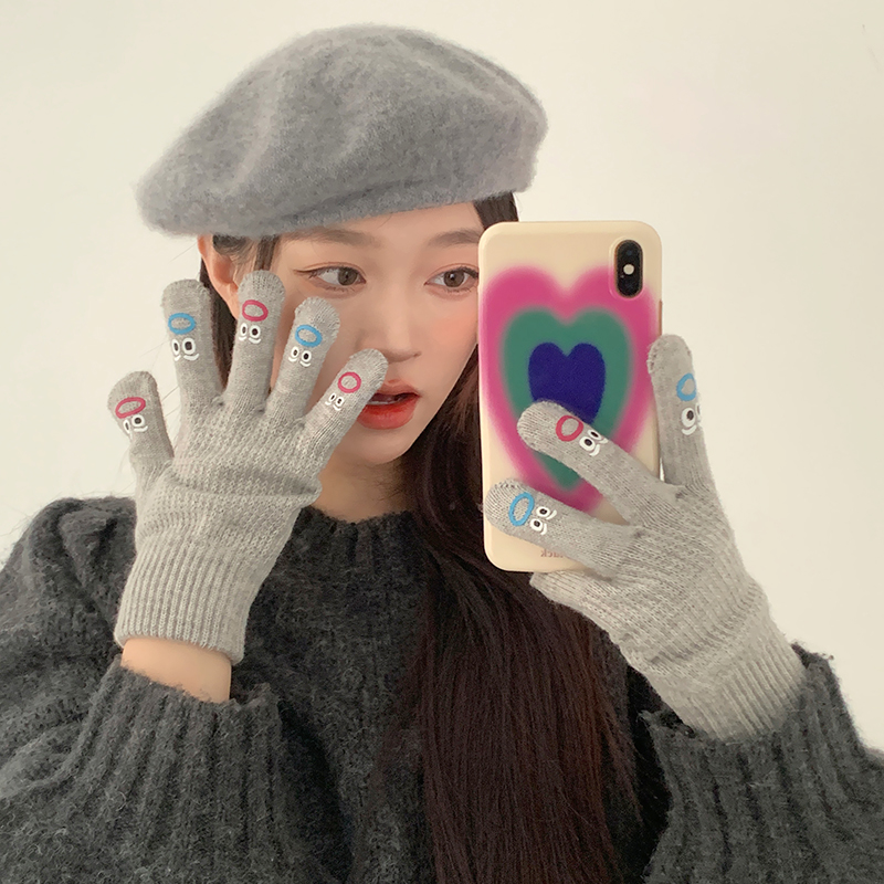 毛线手套女冬季可爱卡通学生露指可触屏冬天骑行保暖五指韩版针织,淘宝优惠券,粉丝福利购,淘宝优惠卷