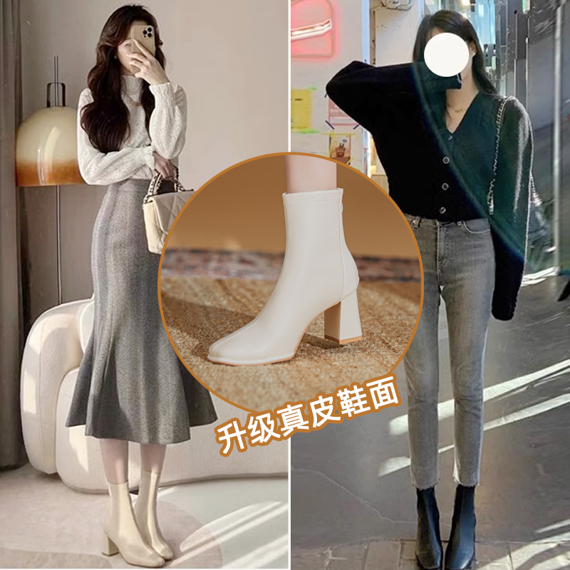 真皮瘦瘦靴女显瘦马丁靴2025秋冬短靴子女加绒白色粗跟高跟短靴女 - 图1