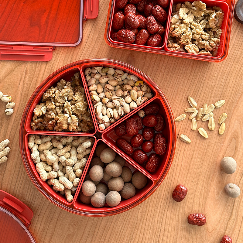 白屿新年喜庆红色家用坚果糖果盒分格水果零食盘带盖密封收纳盒-图0