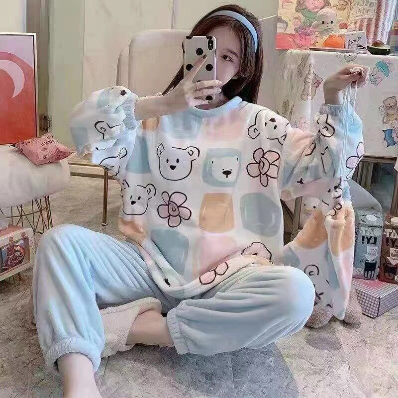 秋冬款女士冬季睡衣家居服加厚学生套装
