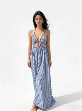 Women's French Vacation Stripe Halter Dress, Deep V Waist