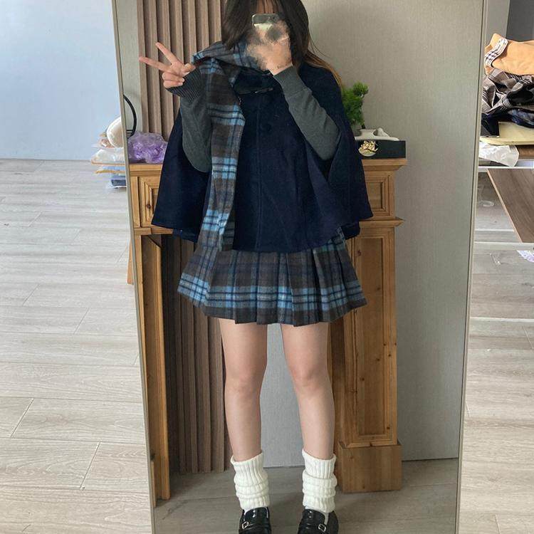 JK制服毛呢斗篷套装女秋冬2025新款小个子格子披风围巾领毛呢外套,淘宝优惠券,粉丝福利购,淘宝优惠卷