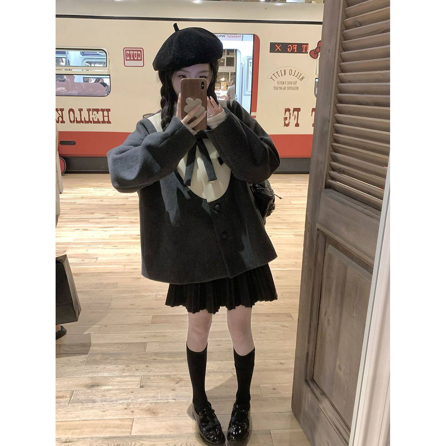 半季初雪 甜美少女感百搭蝴蝶结灰色拼接毛呢外套+半身裙两件套,淘宝优惠券,粉丝福利购,淘宝优惠卷