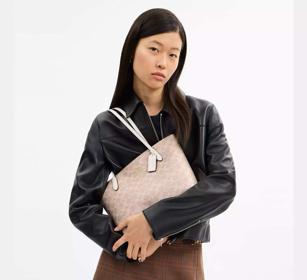 【自营】香港直邮COACH/蔻驰中号女士PVC配皮单肩手提托特包