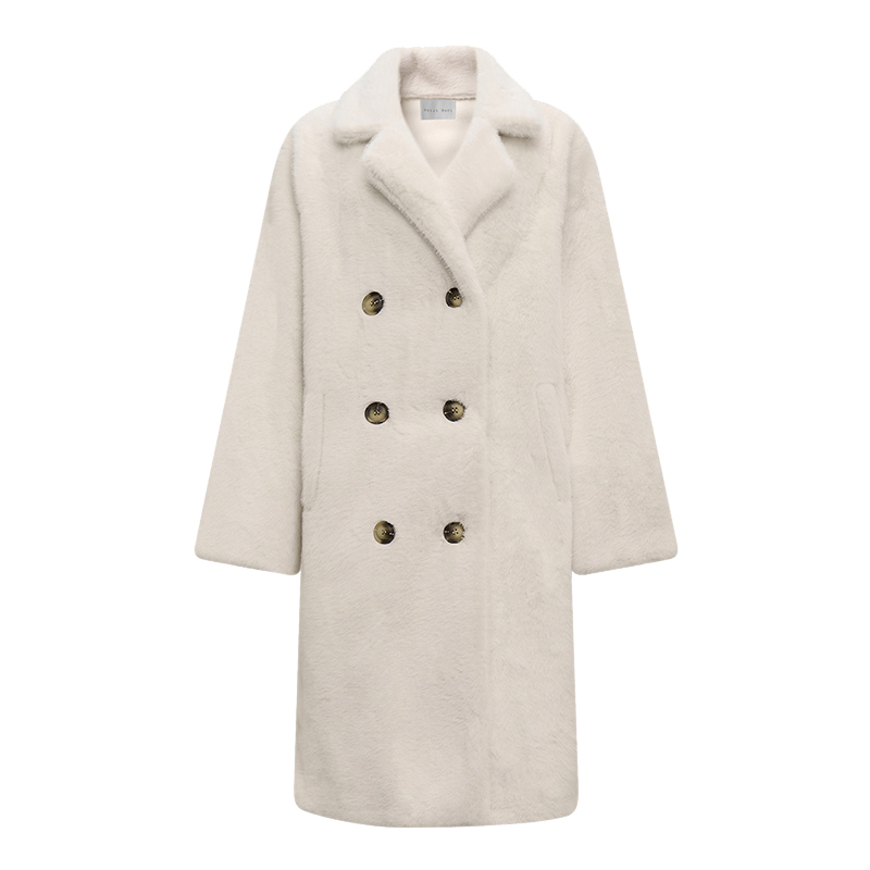 【自营】Petit Bari 环保皮草翻领长款外套大衣 女士加厚毛呢外套 - 图3