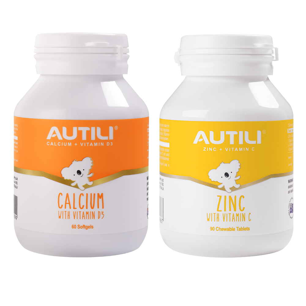 天猫国际母婴直营AUTILI澳特力维生素D3高钙软胶囊60粒*1+维生素C含锌咀嚼片90粒*10