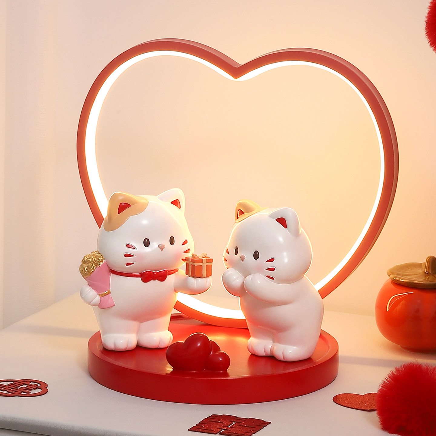 喜庆情侣小猫咪摆件长明灯婚房卧室床头柜氛围感装饰订婚新婚礼物,淘宝优惠券,粉丝福利购,淘宝优惠卷