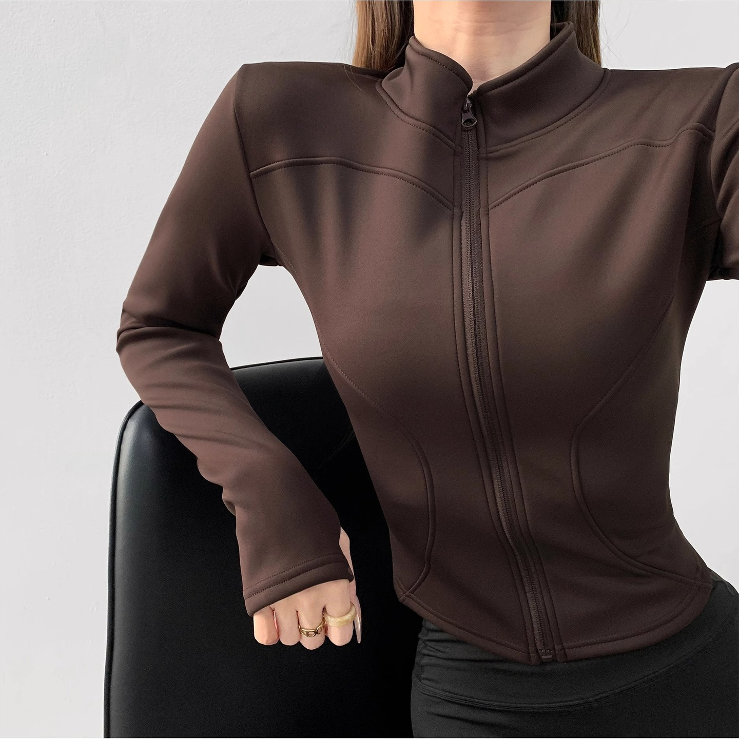 加绒立领瑜伽服女秋冬款跑步运动外套修身显瘦健身服拉链瑜伽外套 - 图3