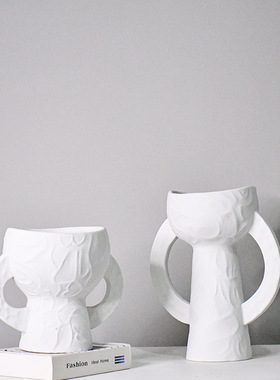 黑白色简约双耳朵陶瓷花瓶现代创意家居客厅插花软装饰品摆件