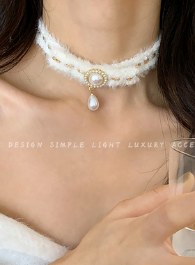 小众布艺项链珍珠吊坠锁骨链