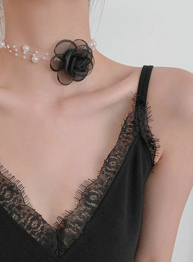 颈链珍珠超仙花朵choker浪漫黑白